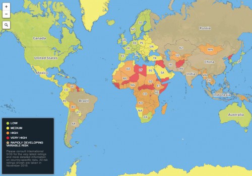 Ο παγκόσμιος χάρτης με τους πιο επικίνδυνους ταξιδιωτικούς προορισμούς για το 2017