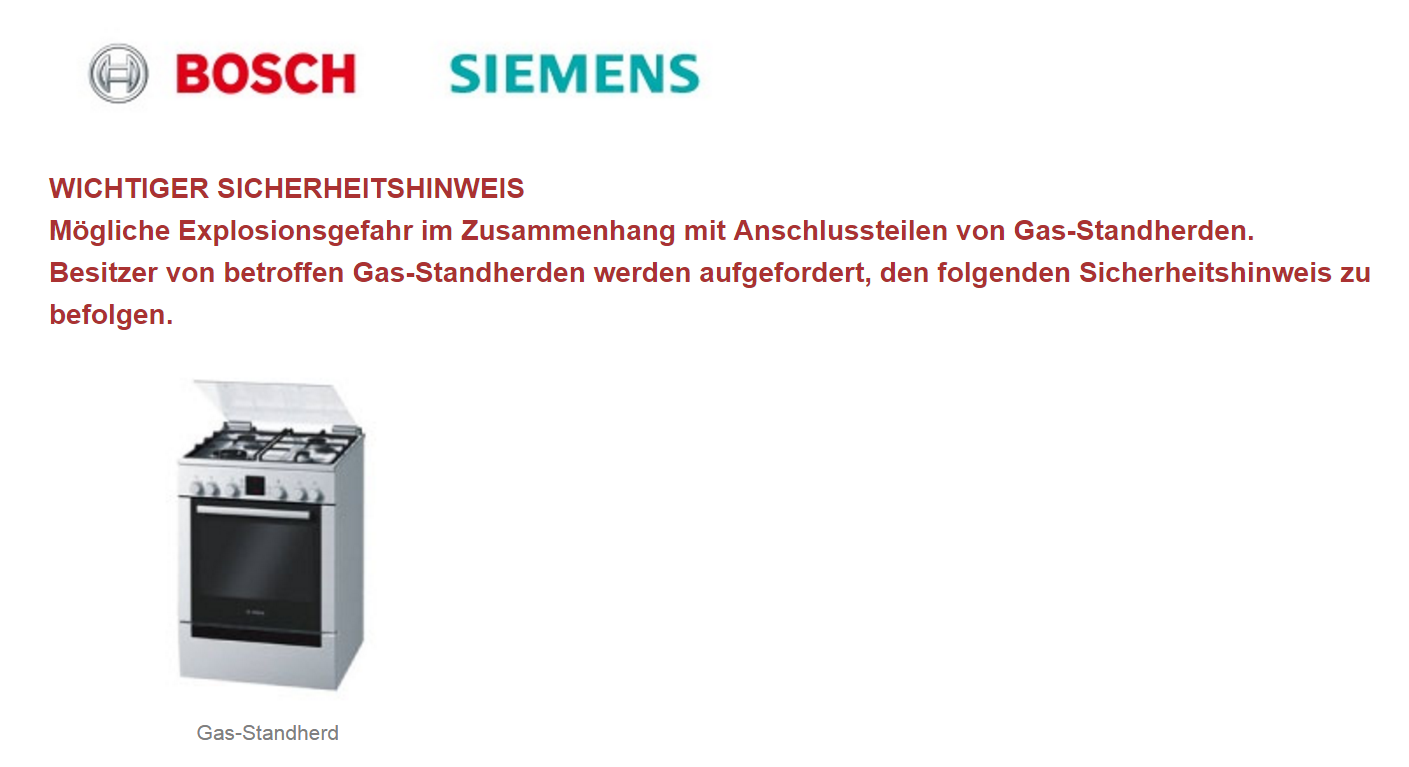 Γερμανία: Κίνδυνος έκρηξης! Ανακαλείται κουζίνα αερίου των Bosch και Siemens